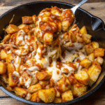 BBQ Chicken And Potato Skillet with crispy potatoes, saucy chicken, and melted mozzarella cheese in a cast iron pan