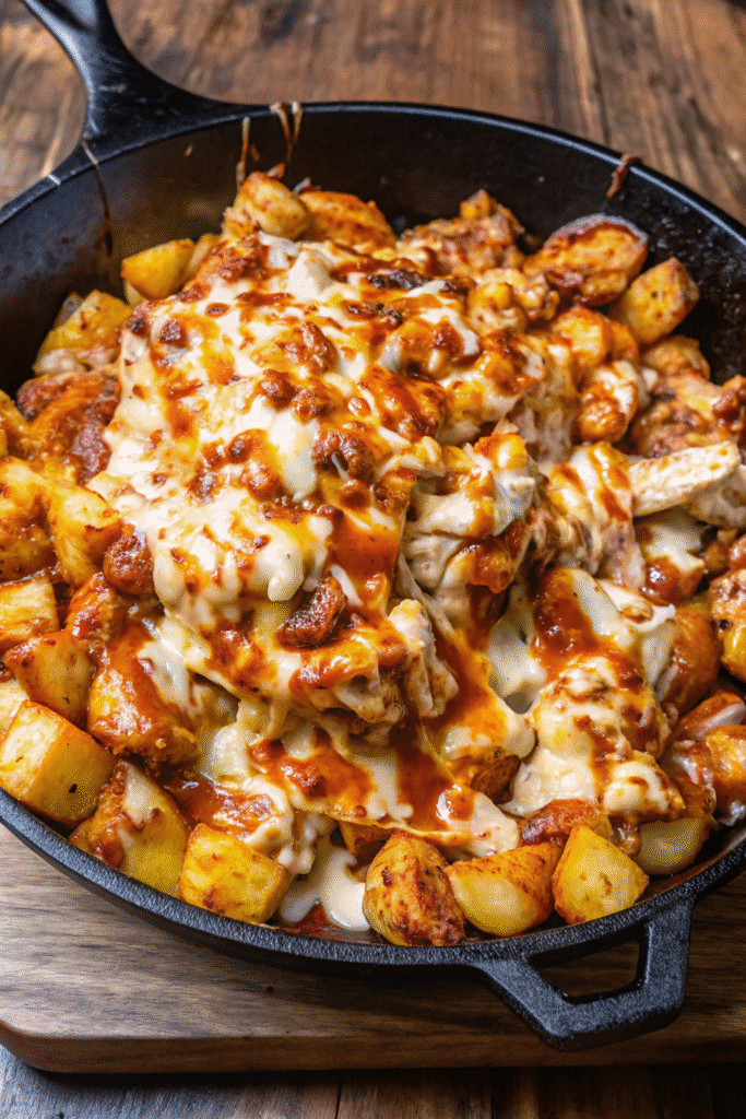 BBQ Chicken And Potato Skillet Recipe 3 Close-up of BBQ Chicken And Potato Skillet topped with melted mozzarella and drizzled BBQ sauce
