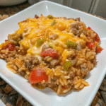 Skillet filled with cheesy taco beef and rice topped with melted cheese and fresh herbs.