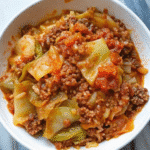 Slow cooker filled with Crockpot Cabbage Roll Casserole topped with melted cheese, showing layers of cabbage, rice, and seasoned ground meat.