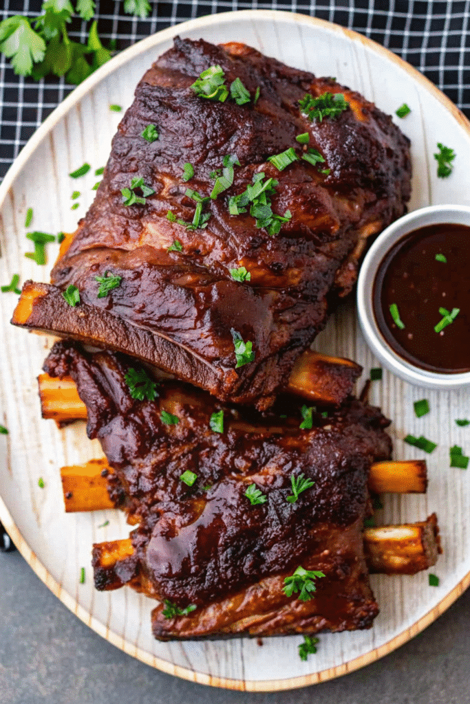 Juicy baby back ribs in a slow cooker, brushed with BBQ sauce and sprinkled with spices.