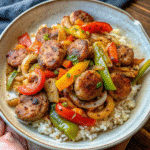 Sausage Onion Bell Peppers Recipe served over white rice in a bowl with sliced sausage, sautéed peppers, onions, and tomatoes.