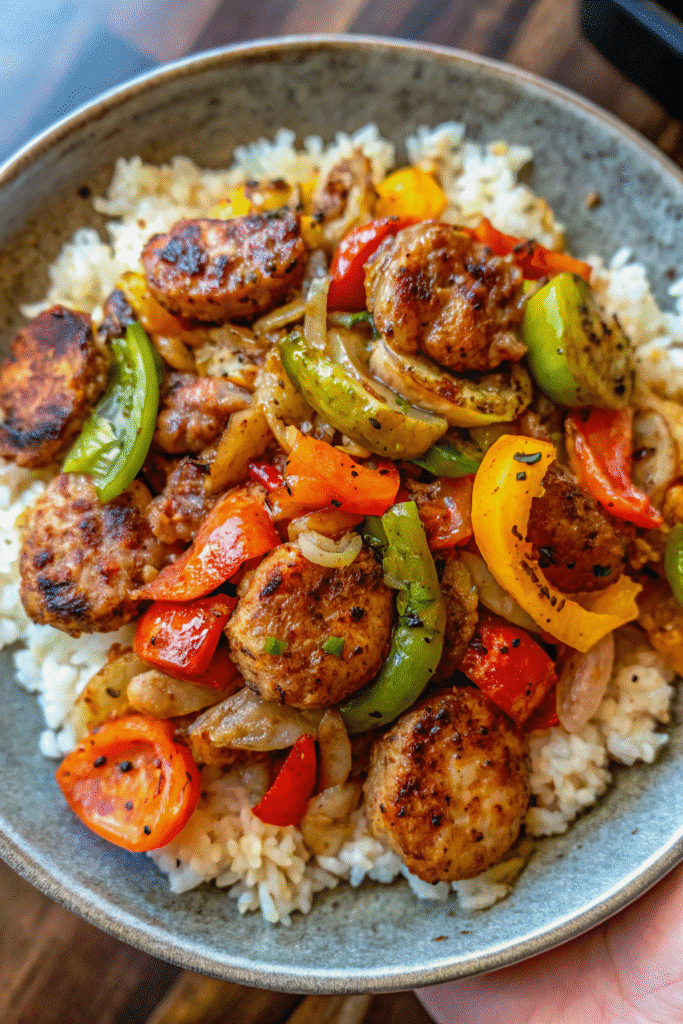 Sausage Onion Bell Peppers and Tomatoes Over Rice 3 Close-up of Sausage Onion Bell Peppers Recipe with golden sausage slices, tender vegetables, and seasoned tomato mixture on rice.