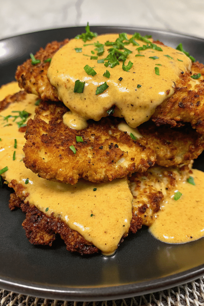Close-up of crunchy pretzel coated chicken with melted cheddar mustard sauce drizzled on top.