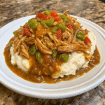 Spicy Southern Chicken and Gravy served over white rice with bell peppers and creamy Cajun gravy