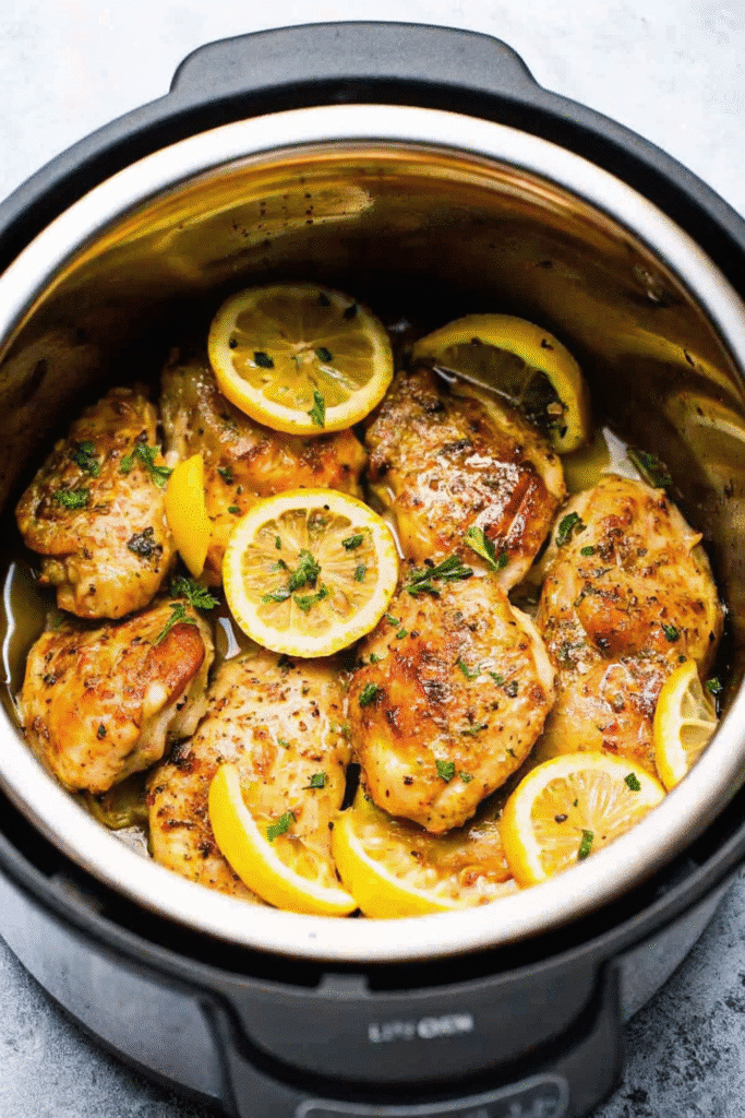 CrockPot Lemon Garlic Chicken on a plate with rich buttery sauce