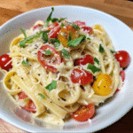 Creamy Ricotta Pasta with cherry tomatoes, fresh basil, and Parmesan served in a white bowl