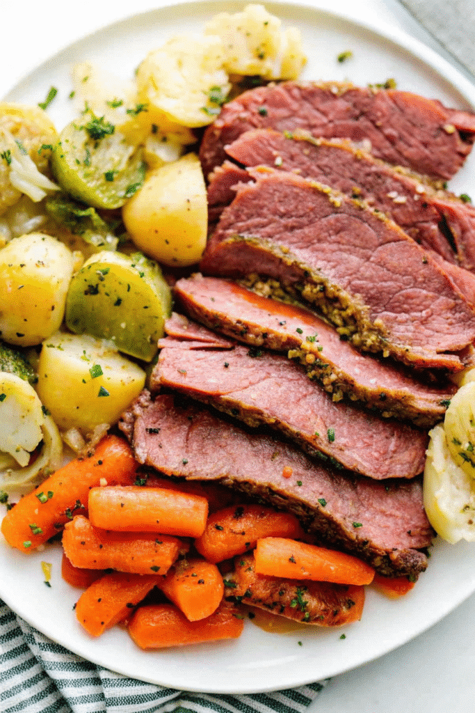 Close-up of slow-cooked corned beef brisket with pickling spices, cabbage wedges, carrots, and potatoes.