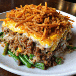 Hamburger Green Bean Casserole baked with ground beef, green beans, melted cheddar cheese, and crispy fried onions on top in a casserole dish.