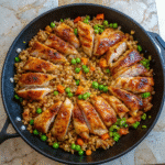 A bowl of Bang Bang Chicken Fried Rice with golden chicken cubes coated in creamy sauce, mixed with colorful vegetables and fluffy rice, garnished with green onions.