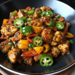 Spicy Jalapeño Chicken Stir-Fry with sliced jalapeños, colorful bell peppers, and tender chicken in glossy sauce.
