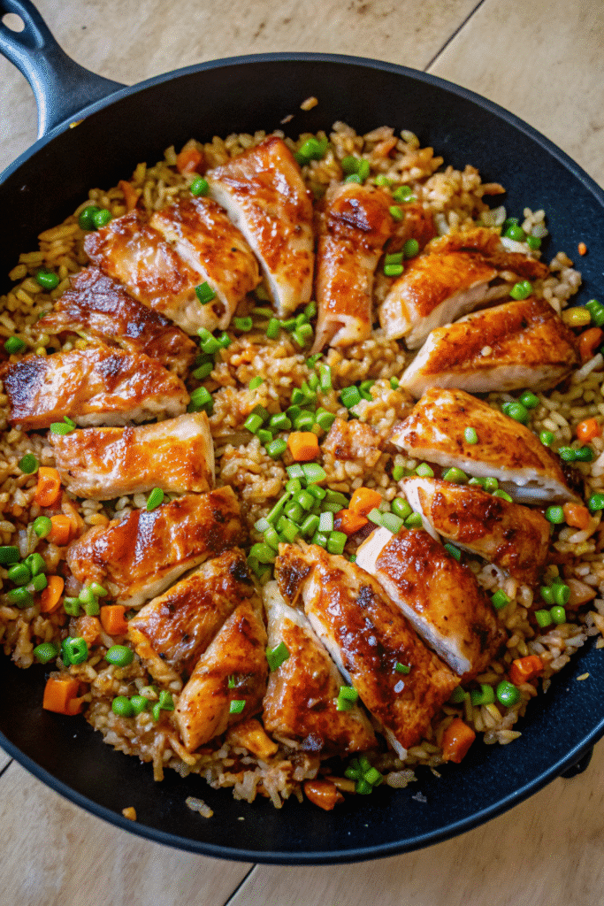 Close-up of Bang Bang Chicken Fried Rice served in a bowl, showing juicy chicken, peas, carrots, and green onions on top of perfectly cooked white rice.