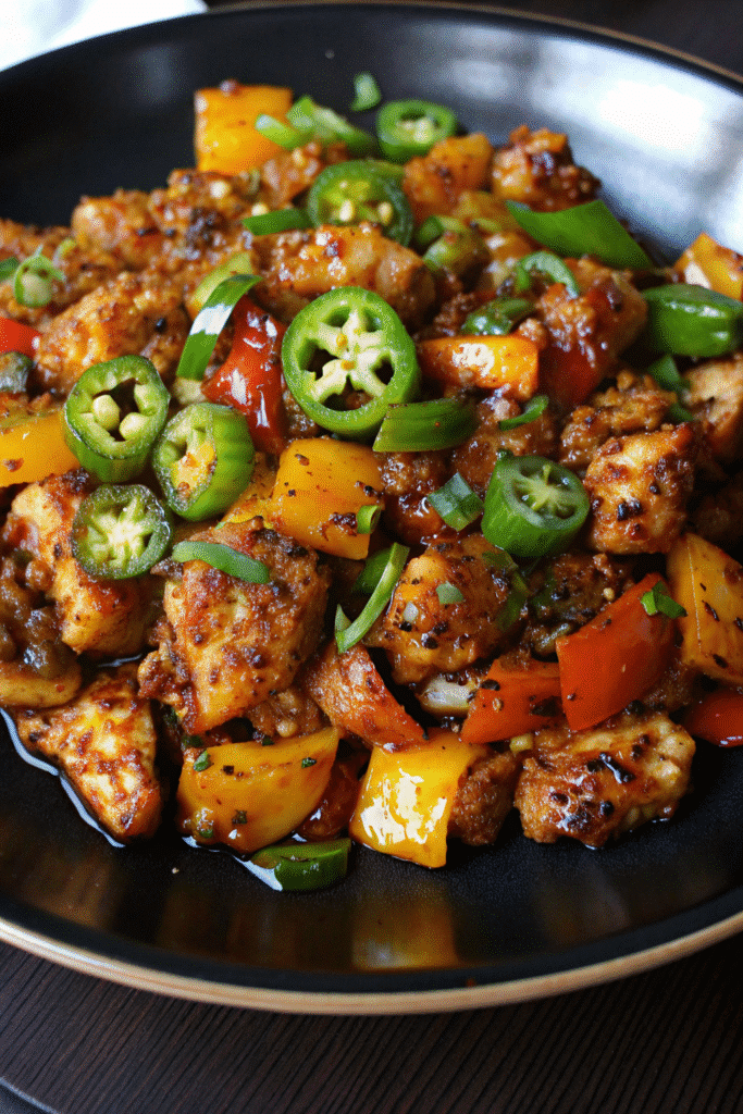 Close-up of Spicy Jalapeño Chicken Stir-Fry served over rice with green onions and cilantro garnish.