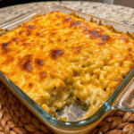 Baked Southern Style Macaroni and Cheese with golden cheesy top in a white casserole dish