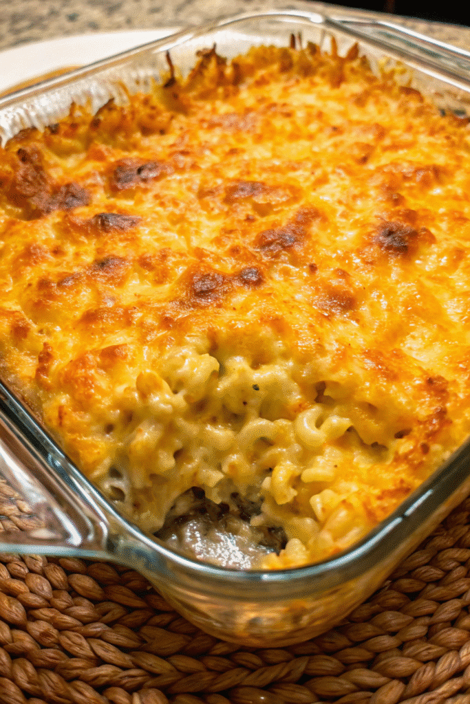 Close-up slice of Southern Style Macaroni and Cheese showing creamy layers and melted cheddar