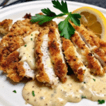 Golden-baked Caesar Chicken topped with Parmesan and crispy breadcrumbs in a ceramic baking dish.