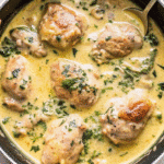 CrockPot Creamy Mustard Chicken with tender chicken thighs in a rich Dijon parmesan cream sauce and wilted spinach