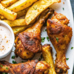 Golden-brown Air Fryer Chicken Drumsticks on a plate, seasoned with smoked paprika and spices, ready to serve.
