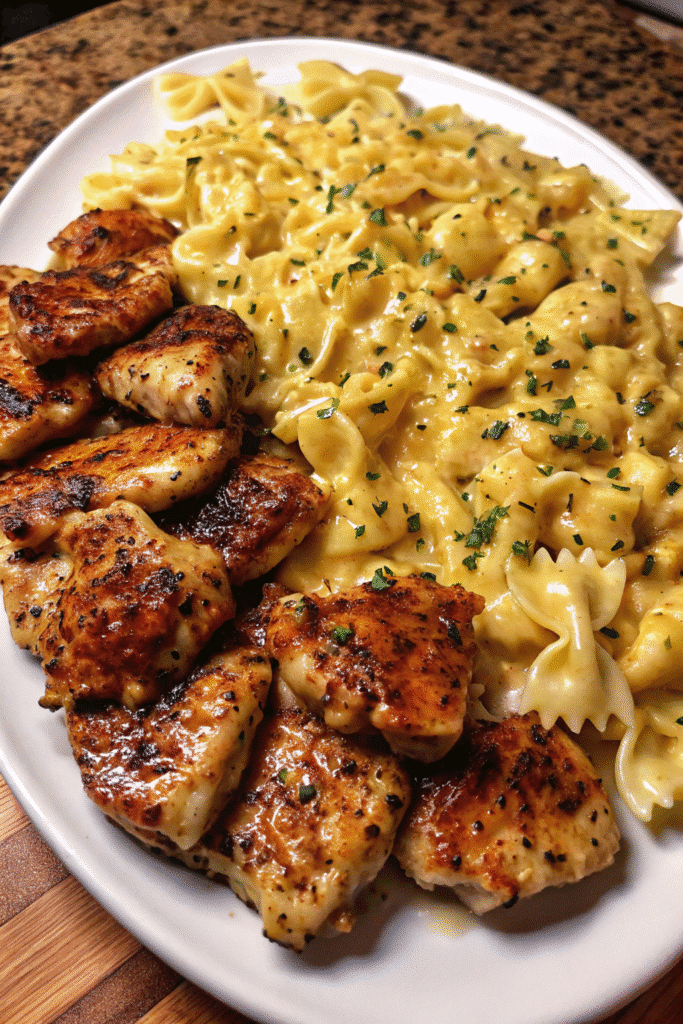 Close-up of Cajun Garlic Butter Chicken Bowtie Pasta garnished with Parmesan, showing cheesy sauce coating the bowtie pasta and chicken.