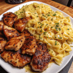 Creamy Cajun Garlic Butter Chicken Bowtie Pasta served in a skillet with melted cheese and golden Cajun-seasoned chicken.