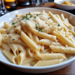 Bowl of creamy 5 Ingredient Garlic Parmesan Pasta topped with grated Parmesan and fresh parsley
