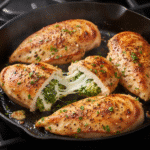 Broccoli Cheese Stuffed Chicken Breast sliced open showing creamy broccoli and cheddar cheese filling inside seasoned baked chicken.