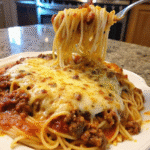Cheesy Homestyle Spaghetti with ground beef in a creamy tomato cheese sauce topped with melted mozzarella