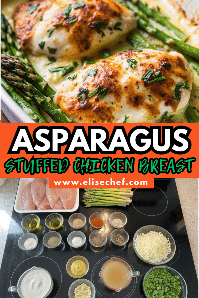 Asparagus Stuffed Chicken Breast 3 Golden-baked chicken breasts filled with asparagus and served with melted mozzarella and Parmesan.