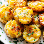 Crispy smashed potatoes with garlic and Parmesan baked until golden brown and garnished with fresh parsley.