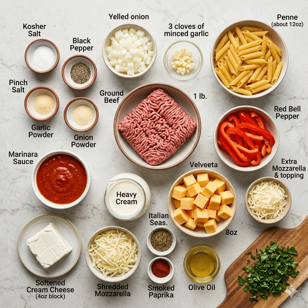 A collection of key ingredients for Velveeta Ground Beef Penne Recipe, including ground beef, penne pasta, Velveeta cheese, seasonings, and sauce ingredients arranged on a kitchen countertop.