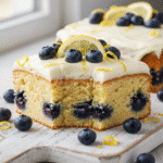 Lemon Blueberry Cake with creamy lemon cream cheese frosting and fresh blueberries on top, ready to serve.