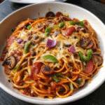 Loaded Pizza Spaghetti in a skillet topped with melted mozzarella, pepperoni slices, black olives, and rich tomato sauce