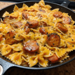Creamy buffalo chicken pasta with bowtie noodles, chicken, and sausage in a rich cheese sauce served in a skillet.