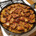 One Pan Spicy Honey Garlic Chicken and rice cooked in a skillet with a glossy honey garlic sauce and garnished with green onions.