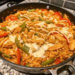Queso Chicken Fajita Skillet with seasoned chicken, bell peppers, rice, and melted queso cheese in a cast iron pan
