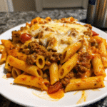 Creamy Velveeta Ground Beef Penne with melted cheese, seasoned beef, and red bell peppers in a rich tomato cream sauce
