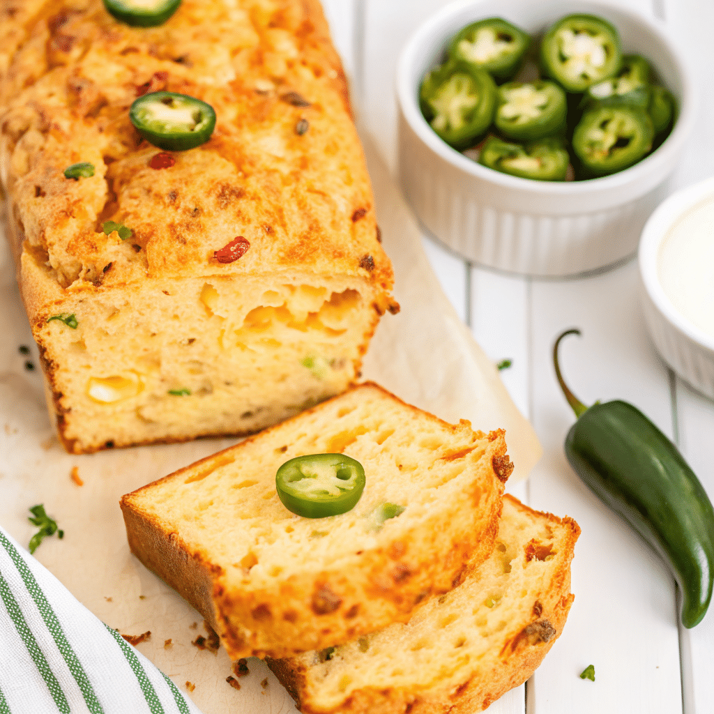 Freshly baked Jalapeño Cheddar Bread loaf sliced on a wooden board with visible melted cheddar and diced jalapeños.