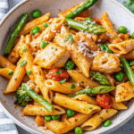 Close-up of Spicy Chicken Chipotle Pasta with penne, honey-glazed chicken strips, sautéed bell peppers, asparagus, and creamy chipotle parmesan sauce, garnished with fresh parsley and shaved parmesan.