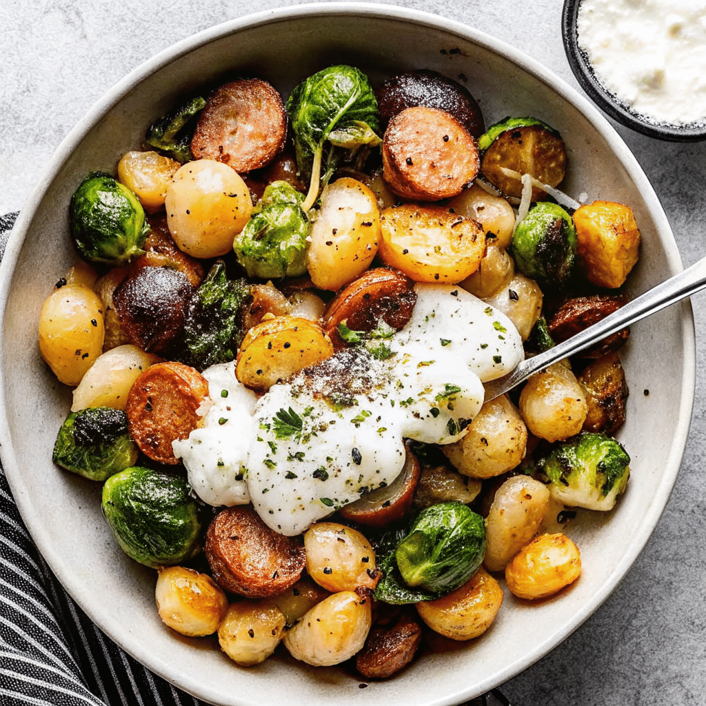 Golden roasted gnocchi with Brussels sprouts, squash, and Italian sausage on a sheet pan, topped with creamy burrata and a drizzle of pesto.
