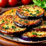 Crispy golden-brown oven-baked eggplant slices on a baking sheet, topped with Parmesan and breadcrumbs.