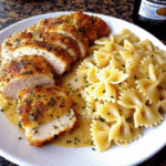 Golden baked Caesar chicken topped with Parmesan served alongside creamy four-cheese bowtie pasta