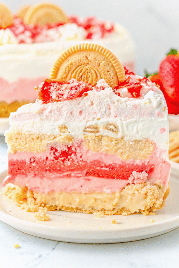 Easy Strawberry Ice Cream Cake 3 Whole Strawberry Ice Cream Cake topped with whipped cream, crushed cookies, and diced fresh strawberries