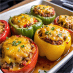Colorful bell peppers stuffed with sizzling sirloin steak, caramelized onions, mushrooms, and melted provolone cheese