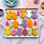 Easter sugar cookies decorated with colorful royal icing in bunny, egg, and carrot shapes, ready for spring celebrations.