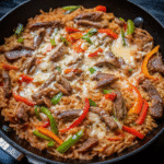 Queso Steak Fajita Skillet with sliced sirloin steak, bell peppers, onions, rice, and melted queso cheese in a large skillet