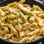 Creamy Marry Me Chicken Pasta with sliced chicken, sun-dried tomatoes, and fresh basil on a white plate.