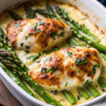 Asparagus Stuffed Chicken Breast baked with creamy cheese sauce and garnished with fresh parsley.