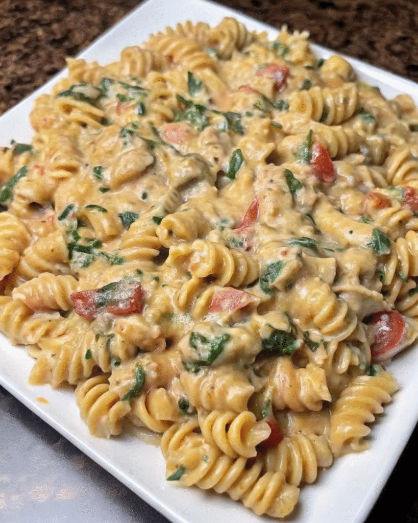 Close-up of creamy Rotel Chicken Pasta with seasoned chicken, pasta, and melted cheddar cheese
