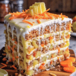Moist Hawaiian Pineapple Carrot Cake topped with creamy cream cheese frosting and garnished with pineapple chunks and shredded carrots.