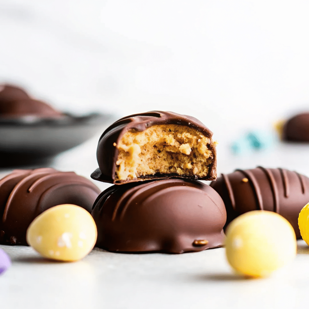 Homemade peanut butter eggs coated in smooth chocolate with a soft creamy center on a parchment-lined tray